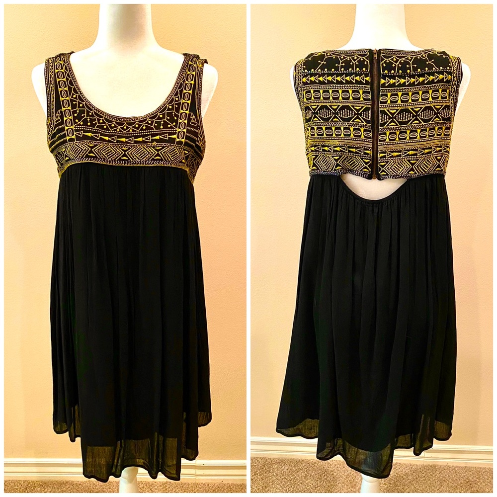M/L dress black yellow ethnic India cutout empire babydoll boho holiday new year